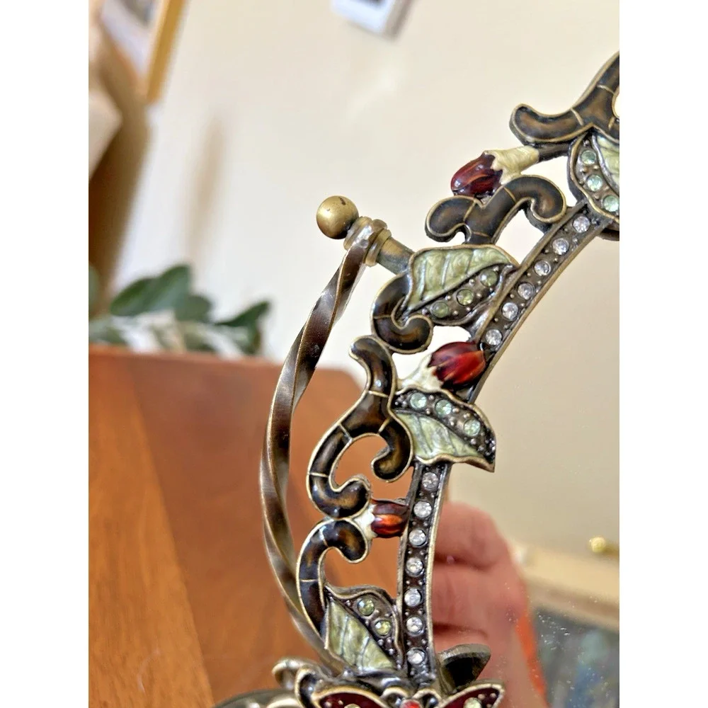 Swivel Enamel Mirror w/Rhinestomes of Flowers & Butterflies-Table Top